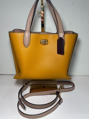 COACH Willow Tote 24 Colorblock Yellow Gold Pebble Leather Satchel Shoulder Bag